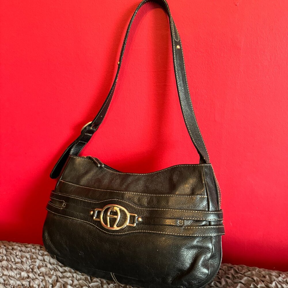 Etienne Aigner Black Leather Shoulder Bag / 3 Compartments